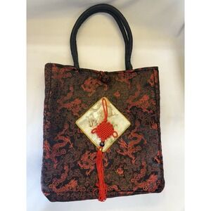 Vintage Asian Style Silk Tote Handbag Embroidered Red On Black